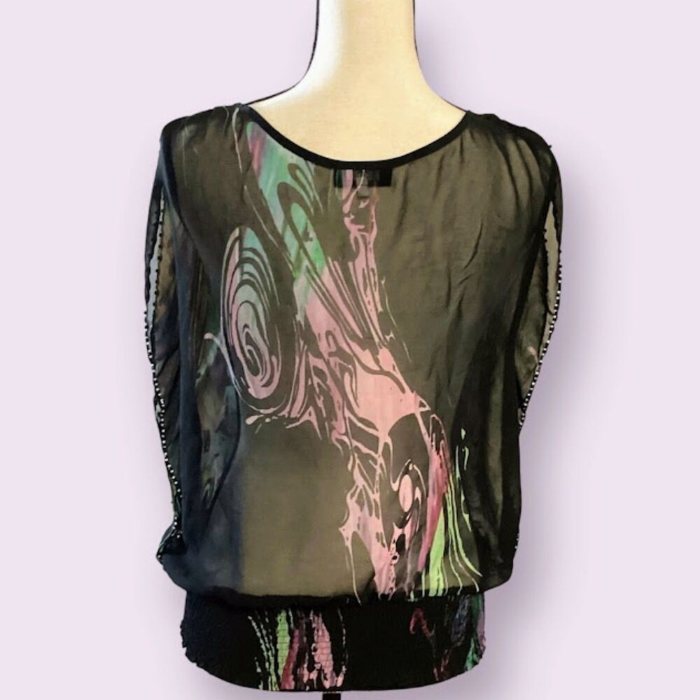 CC Sheer Beaded Colorful Scoop Neck Sleeveless Tunic Top in Black/multi‎ Large - Picture 2 of 7